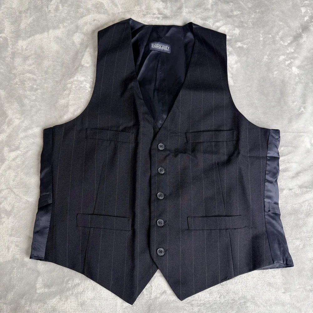 Lands End Mens 41R Wool Suit Vest Navy Blue Pinstripe Made in USA Style 37315